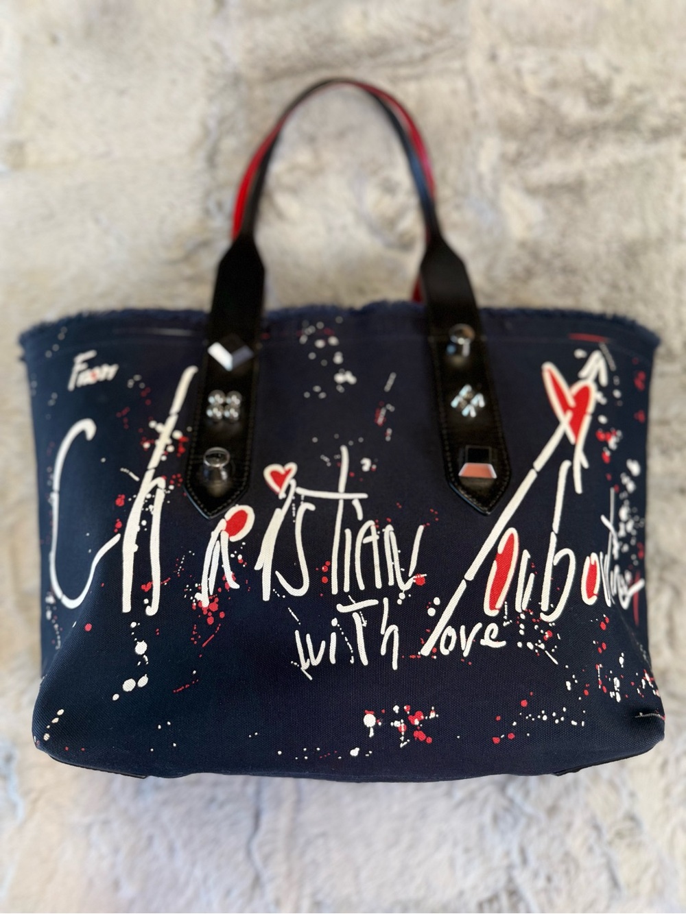 Christian Louboutin Navy Graffiti Canvas Tote with Red & White Accents
